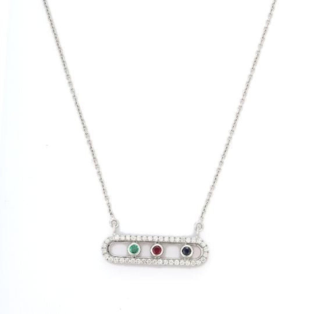 18K White Gold Faceted Emerald Ruby and Sapphire Stone Diamond Necklace