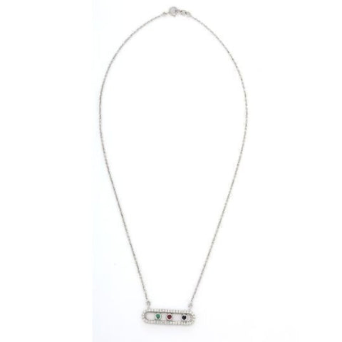 18K White Gold Faceted Emerald Ruby and Sapphire Stone Diamond Necklace