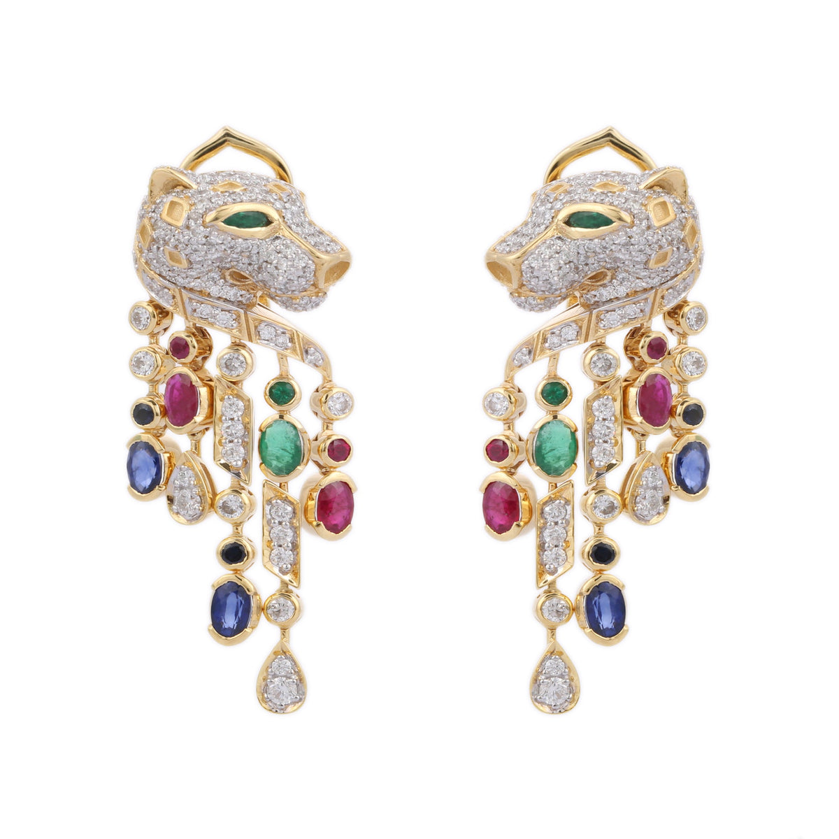 14K Yellow Gold Multi Gemstone Panther Earring - VR Jewels