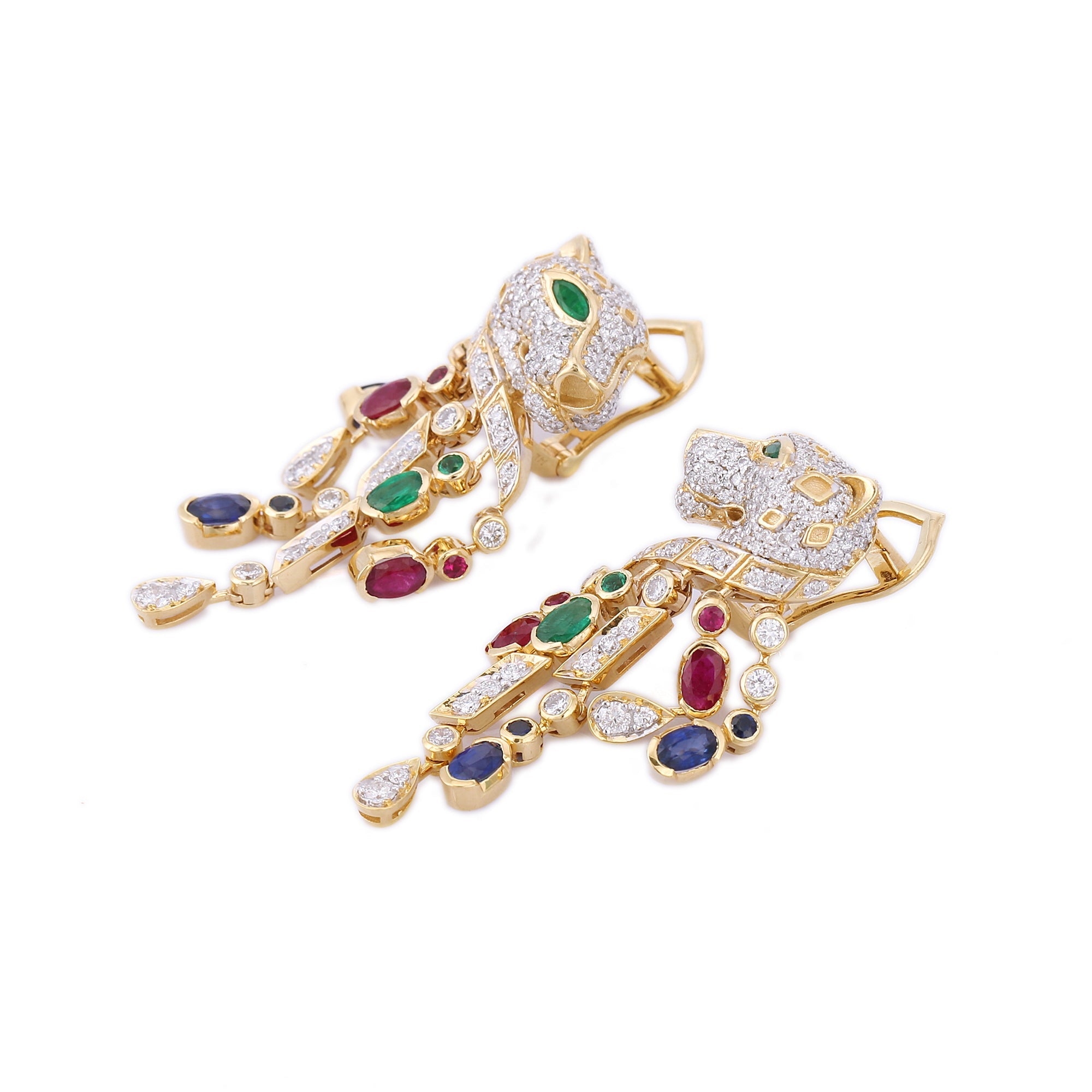 14K Yellow Gold Multi Gemstone Panther Earring - VR Jewels